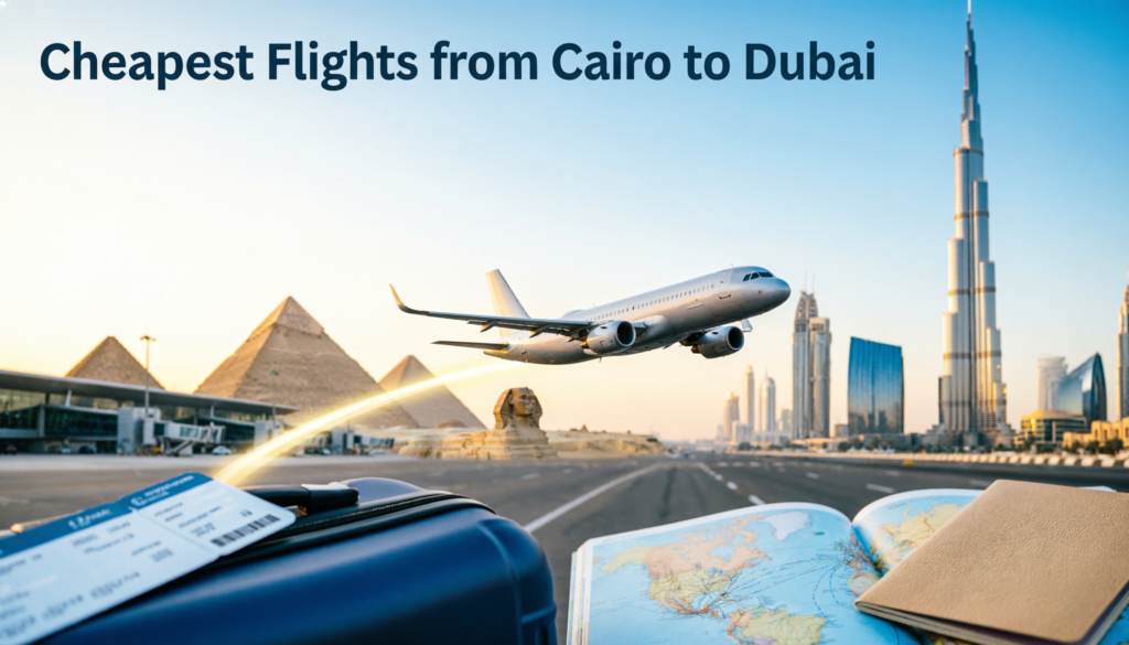 Modern commercial airplane flying from Cairo to Dubai with the Pyramids of Giza and Burj Khalifa representing the cheapest flights from Cairo to Dubai
