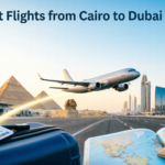 Modern commercial airplane flying from Cairo to Dubai with the Pyramids of Giza and Burj Khalifa representing the cheapest flights from Cairo to Dubai