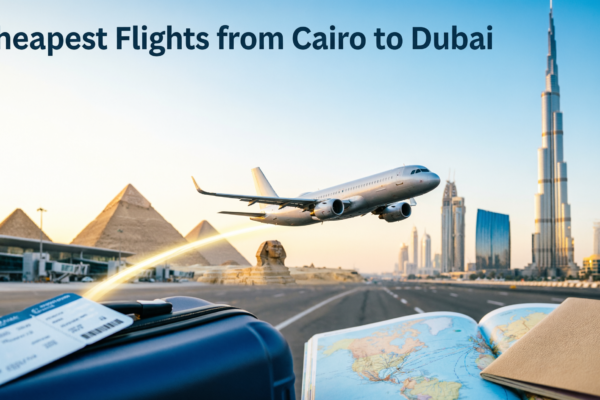 Modern commercial airplane flying from Cairo to Dubai with the Pyramids of Giza and Burj Khalifa representing the cheapest flights from Cairo to Dubai