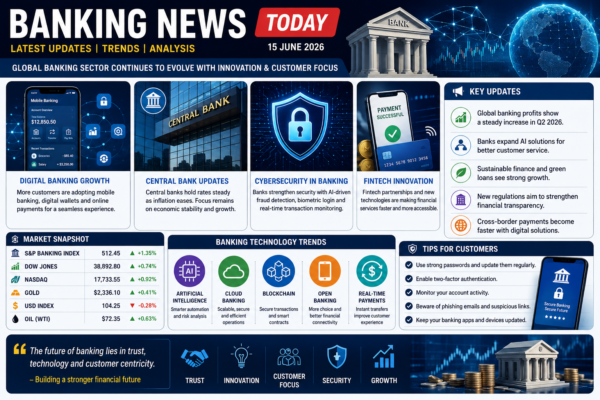 Banking News Today infographic showing digital banking growth, central bank updates, fintech innovation, cybersecurity, AI banking trends, market performance, and global financial industry insights for 2026.