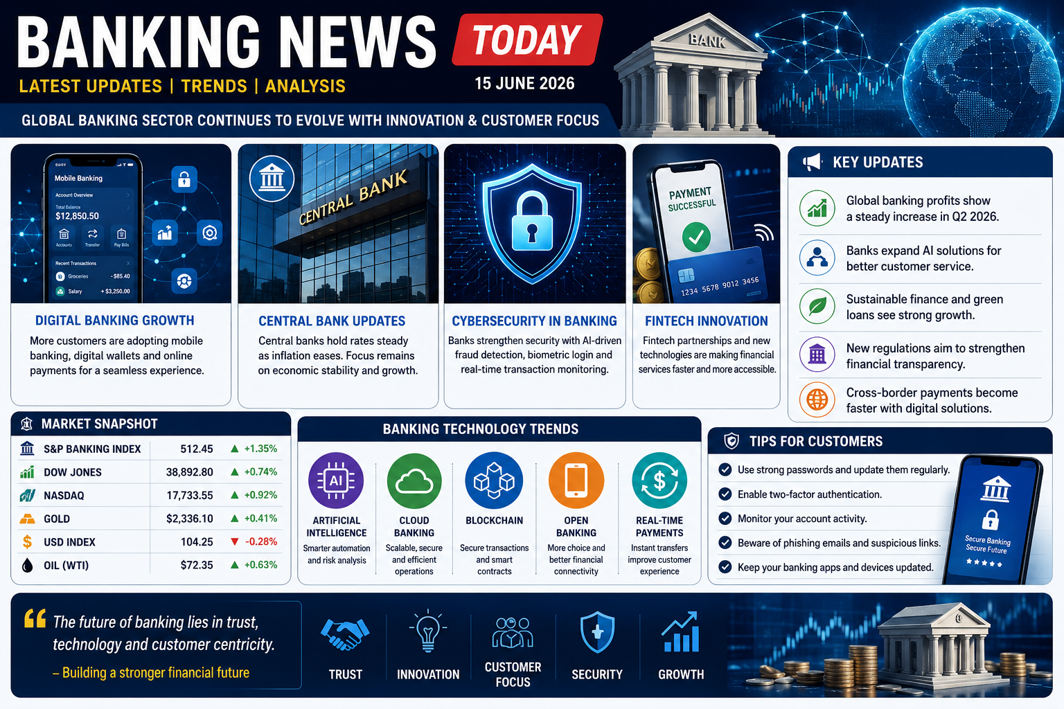 Banking News Today infographic showing digital banking growth, central bank updates, fintech innovation, cybersecurity, AI banking trends, market performance, and global financial industry insights for 2026.