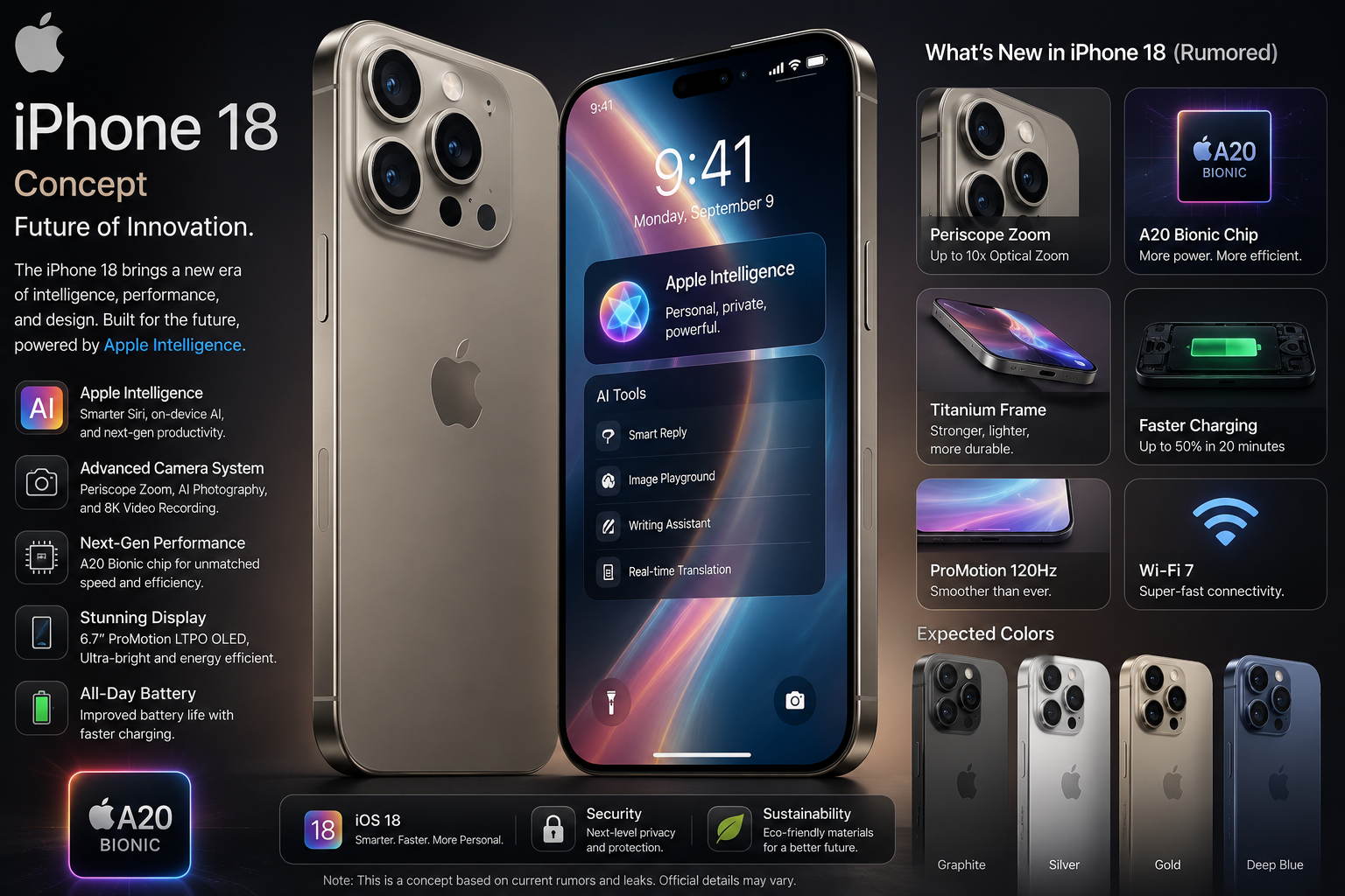 Apple iPhone 18 concept showing a modern bezel-less design with AI features, advanced cameras, and premium finish representing the latest iPhone 18 rumors.