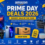 Amazon Prime Day Deals 2026 banner featuring discounted electronics, smartphones, laptops, home appliances, gaming accessories, shopping carts, and sale tags representing the biggest online shopping event of the year.