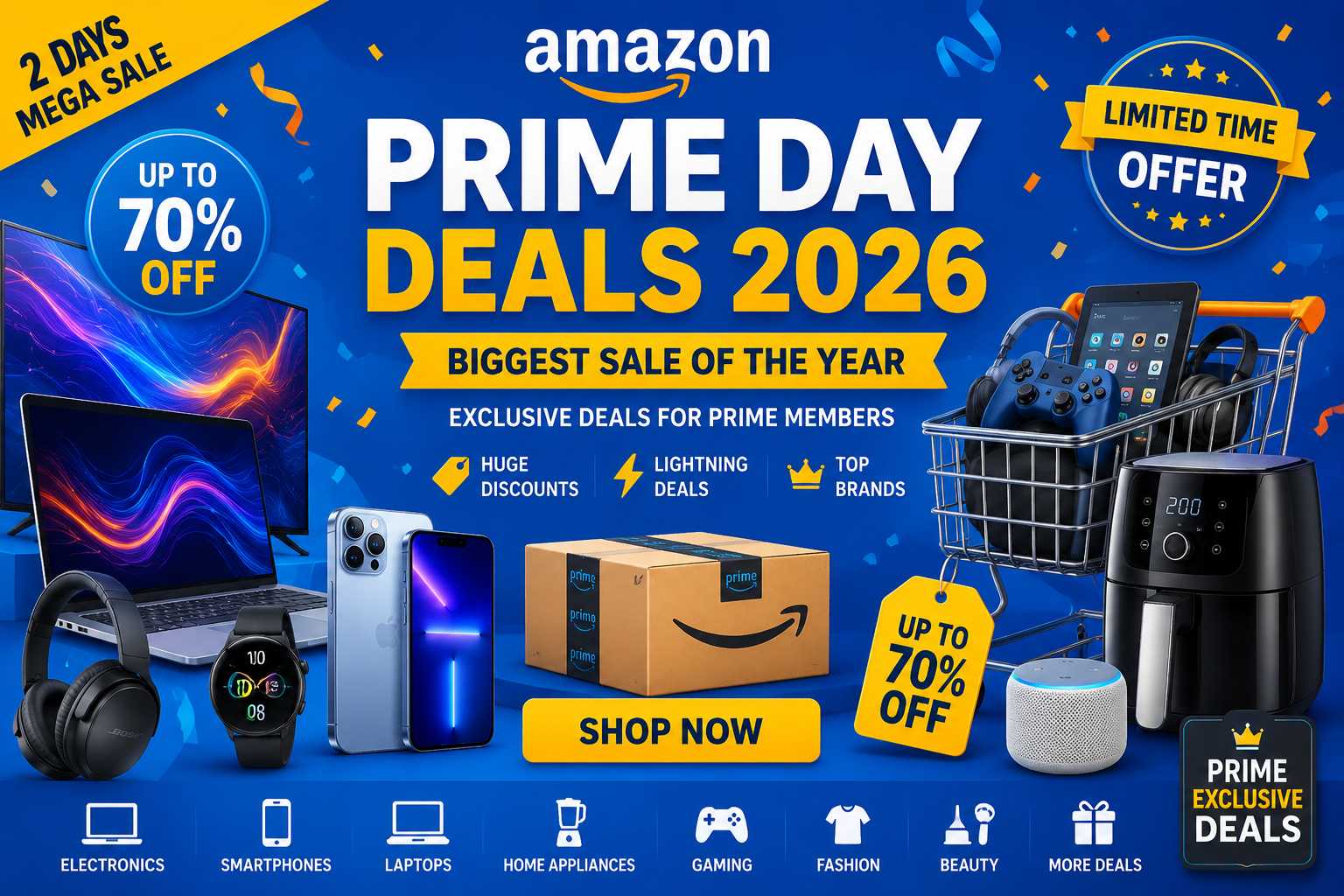 Amazon Prime Day Deals 2026 banner featuring discounted electronics, smartphones, laptops, home appliances, gaming accessories, shopping carts, and sale tags representing the biggest online shopping event of the year.