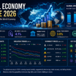 "Global economy update 2026 featuring world map, financial charts, stock market data, inflation trends, and economic growth indicators."