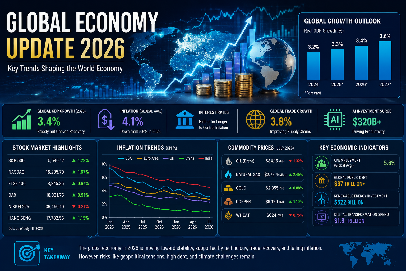 "Global economy update 2026 featuring world map, financial charts, stock market data, inflation trends, and economic growth indicators."