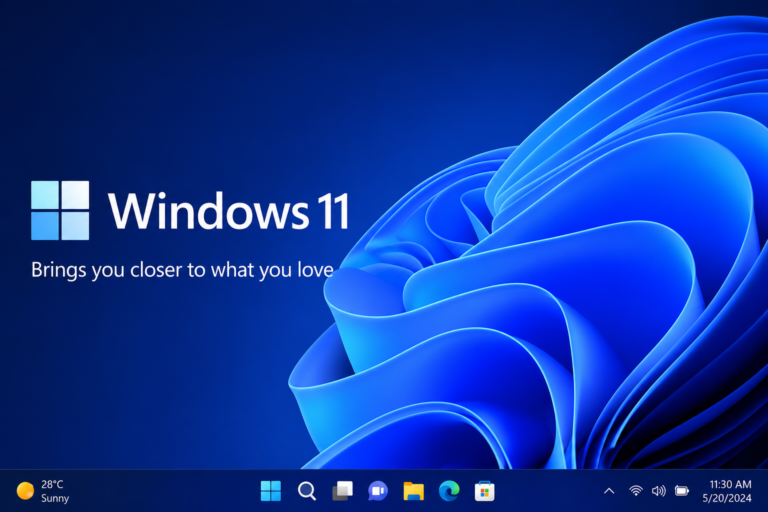 Windows 11 desktop wallpaper with blue abstract background and taskbar interface
