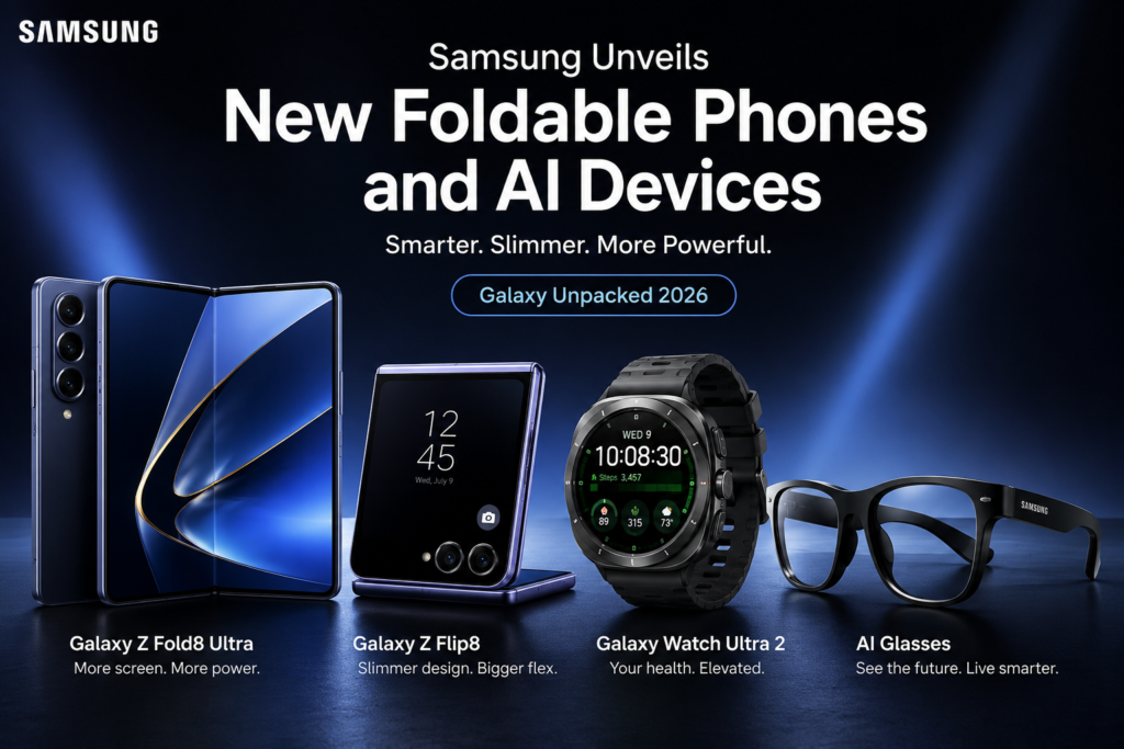 Samsung showcasing new foldable phones, Galaxy Watch Ultra 2, and AI smart glasses at Galaxy Unpacked 2026 event
