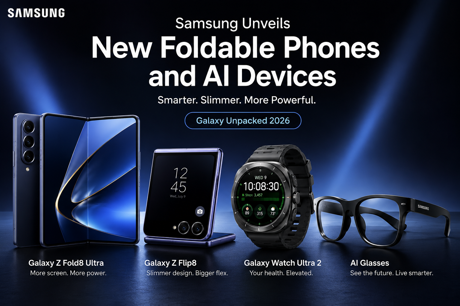 Samsung showcasing new foldable phones, Galaxy Watch Ultra 2, and AI smart glasses at Galaxy Unpacked 2026 event