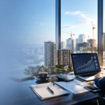 Real estate investor analyzing property investment opportunities with residential and commercial buildings in the background.