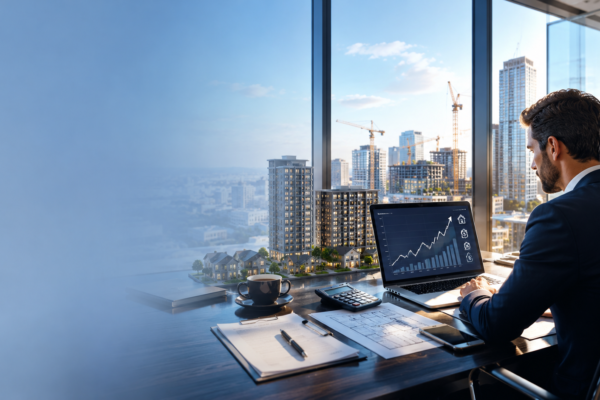 Real estate investor analyzing property investment opportunities with residential and commercial buildings in the background.