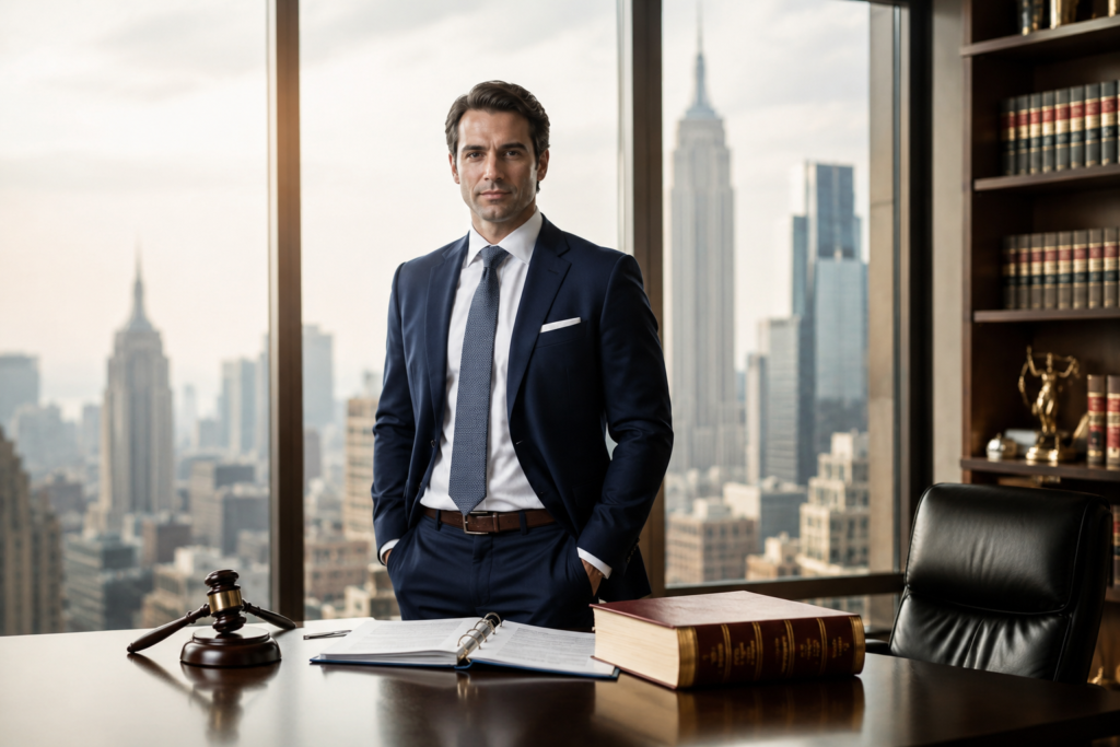 Professional corporate attorney in a modern New York law office representing Asa Danes' legal career in corporate litigation.