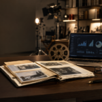 Editorial-style workspace with television production equipment, family archive documents, and a laptop illustrating the Michael Cannata Jr. biography article on DailyAllNews.