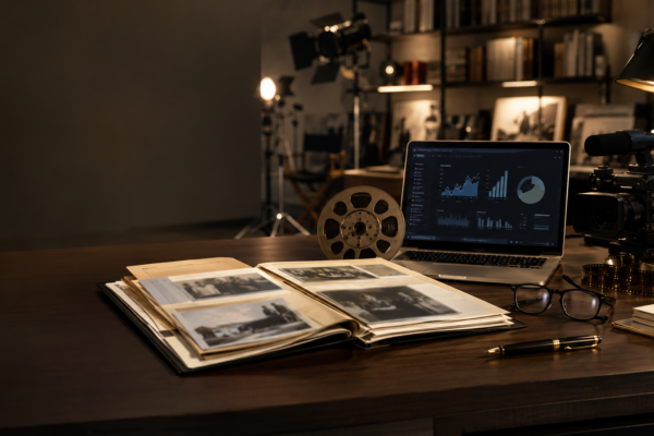 Editorial-style workspace with television production equipment, family archive documents, and a laptop illustrating the Michael Cannata Jr. biography article on DailyAllNews.