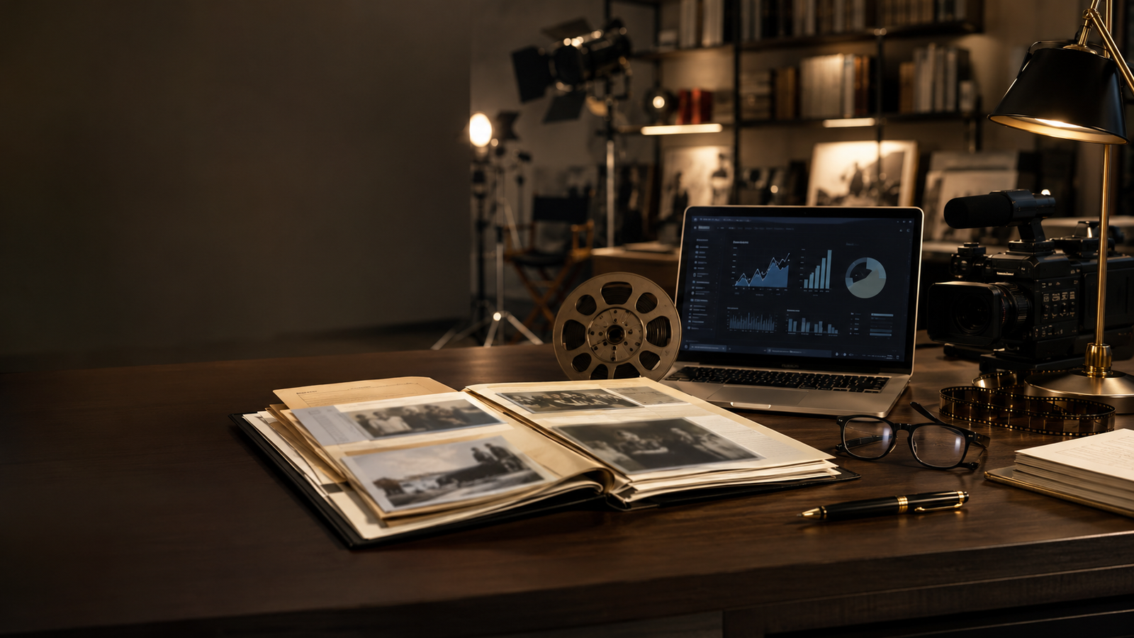 Editorial-style workspace with television production equipment, family archive documents, and a laptop illustrating the Michael Cannata Jr. biography article on DailyAllNews.