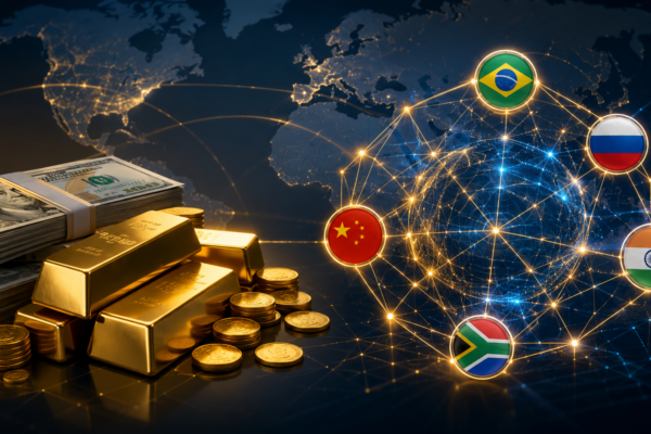 US dollar, gold bars, and BRICS digital payment network illustrating global currency competition and finance.