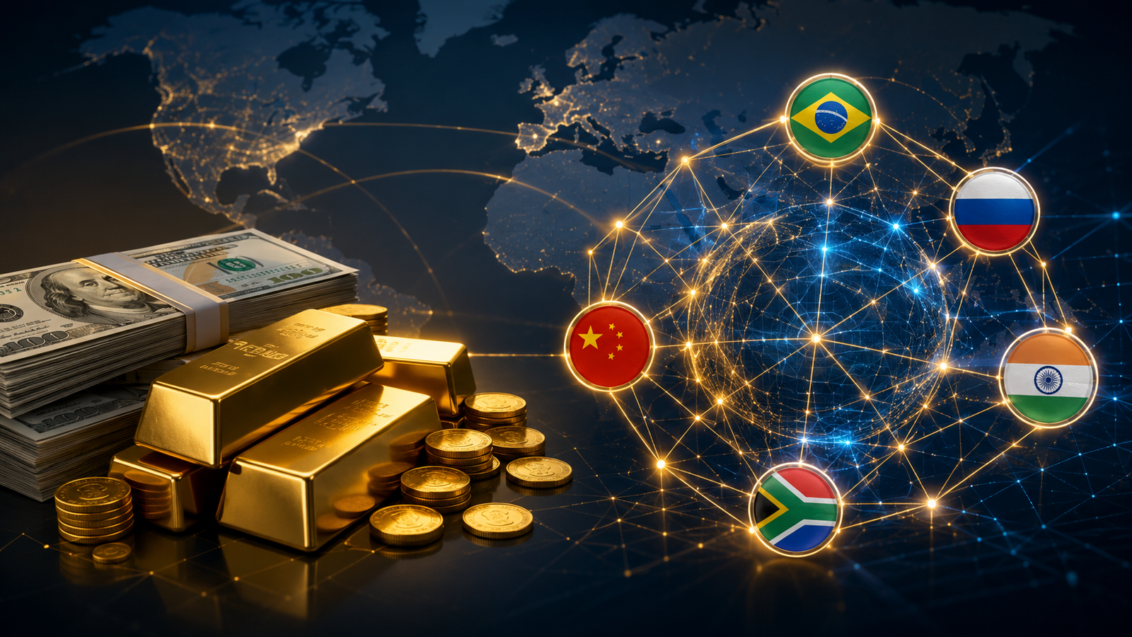 US dollar, gold bars, and BRICS digital payment network illustrating global currency competition and finance.