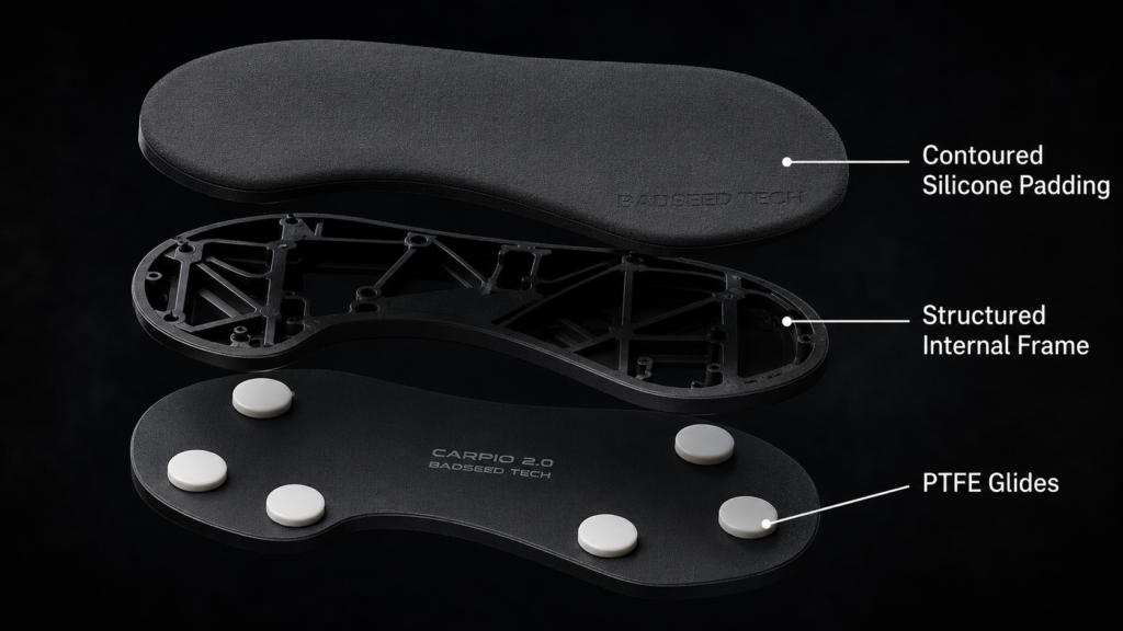 Exploded diagram of the BadSeed Tech Carpio 2.0 ergonomic wrist rest showing contoured silicone padding, structured internal frame, and PTFE Teflon glide feet on a dark background.