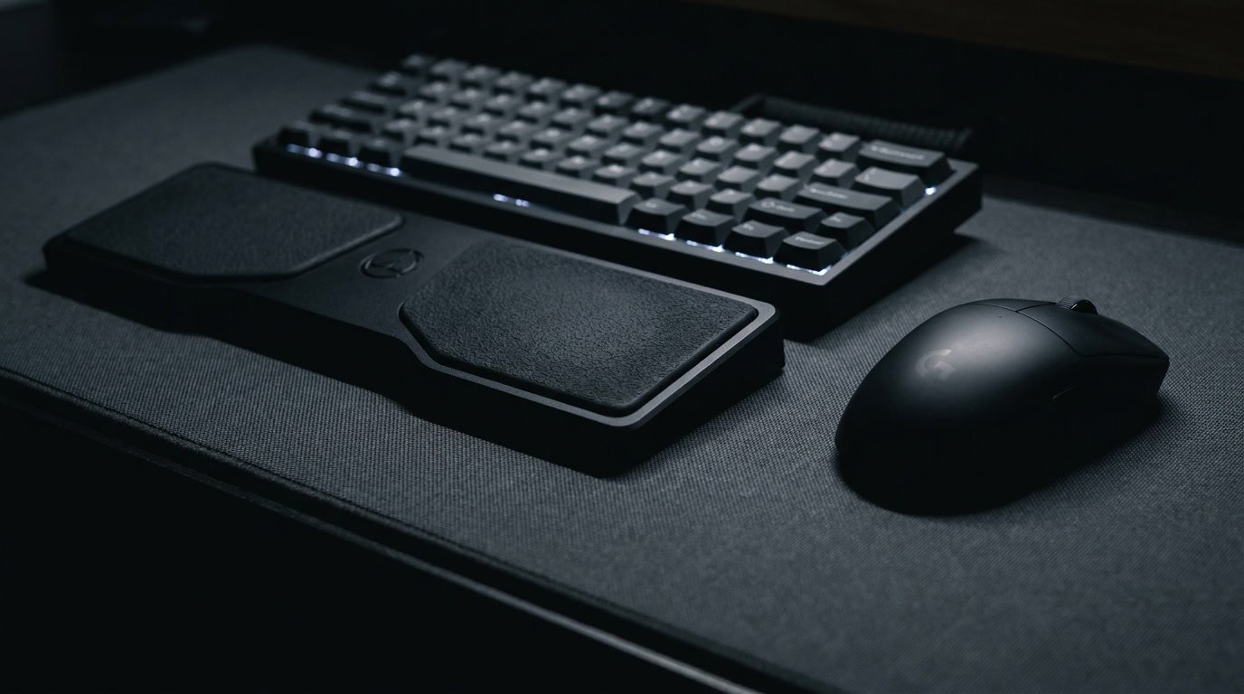 DeltaHub Carpio 2.0 BadSeed Tech Edition ergonomic wrist rest on a dark minimalist desk setup next to a wireless gaming mouse.