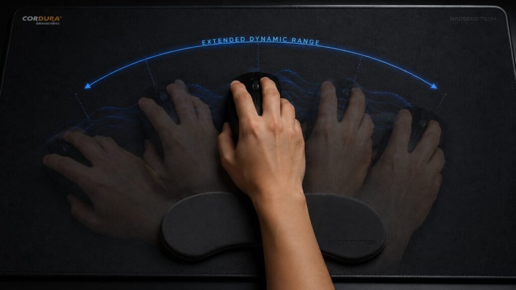 Hand using the BadSeed Tech Carpio 2.0 ergonomic wrist rest with a wireless gaming mouse, illustrating smooth gliding motion, extended wrist movement, and ergonomic palm support on a Cordura desk mat.