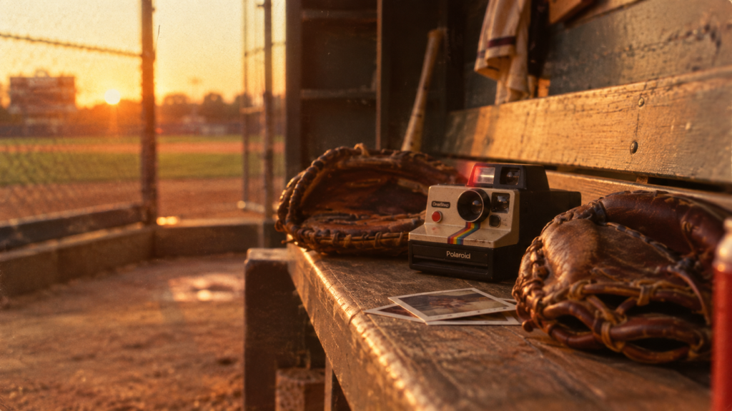 A vintage 1980s baseball aesthetic representing the era when Vera Davich was married to actor and former minor league pitcher Scott Patterson.