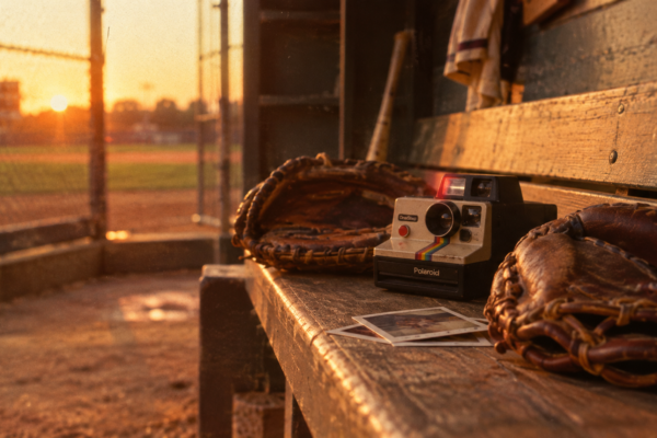 A vintage 1980s baseball aesthetic representing the era when Vera Davich was married to actor and former minor league pitcher Scott Patterson.