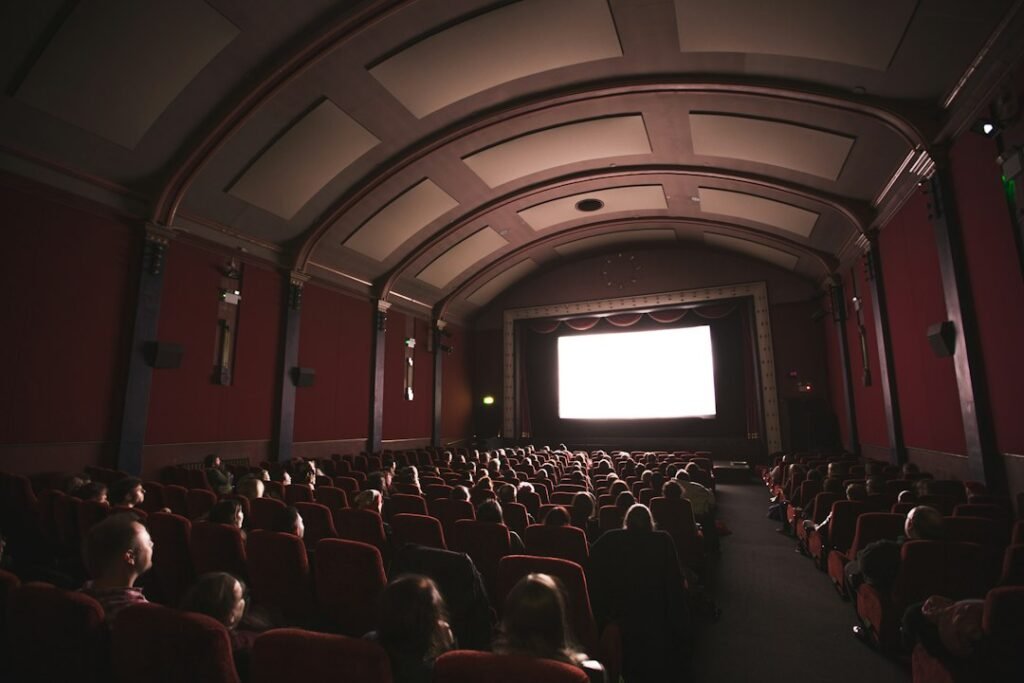 Audience in a dark movie theater watching a bright screen