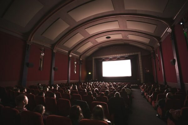 Audience in a dark movie theater watching a bright screen