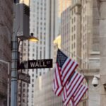 Wall Street street sign with American flags in the background