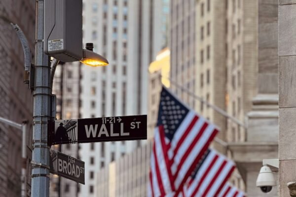 Wall Street street sign with American flags in the background