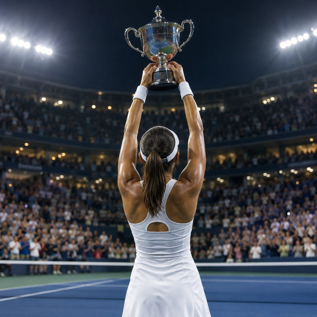 Editorial photo-style illustration of a tennis player on a hard court in a large stadium at night, holding a trophy over…